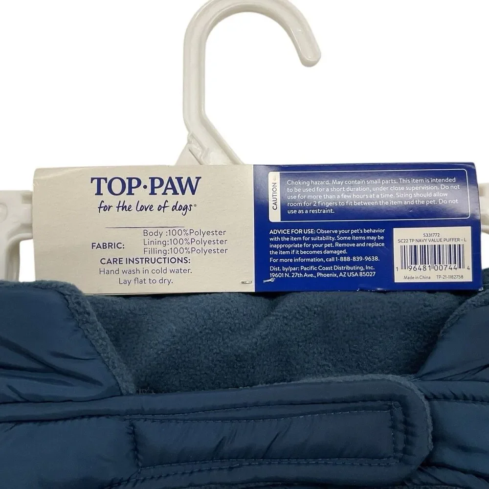 Top Paw Size L (17.5” / 29”) Blue Reversible Dog Puffer Jacket‎ Warm Winter NWT